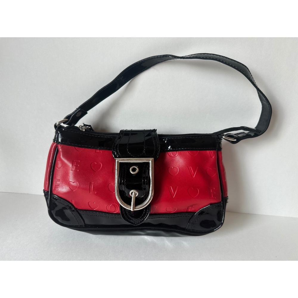 XOXO Red LOVE Heart Embossed Baguette Shoulder Bag Black Patent Trim Y2K
